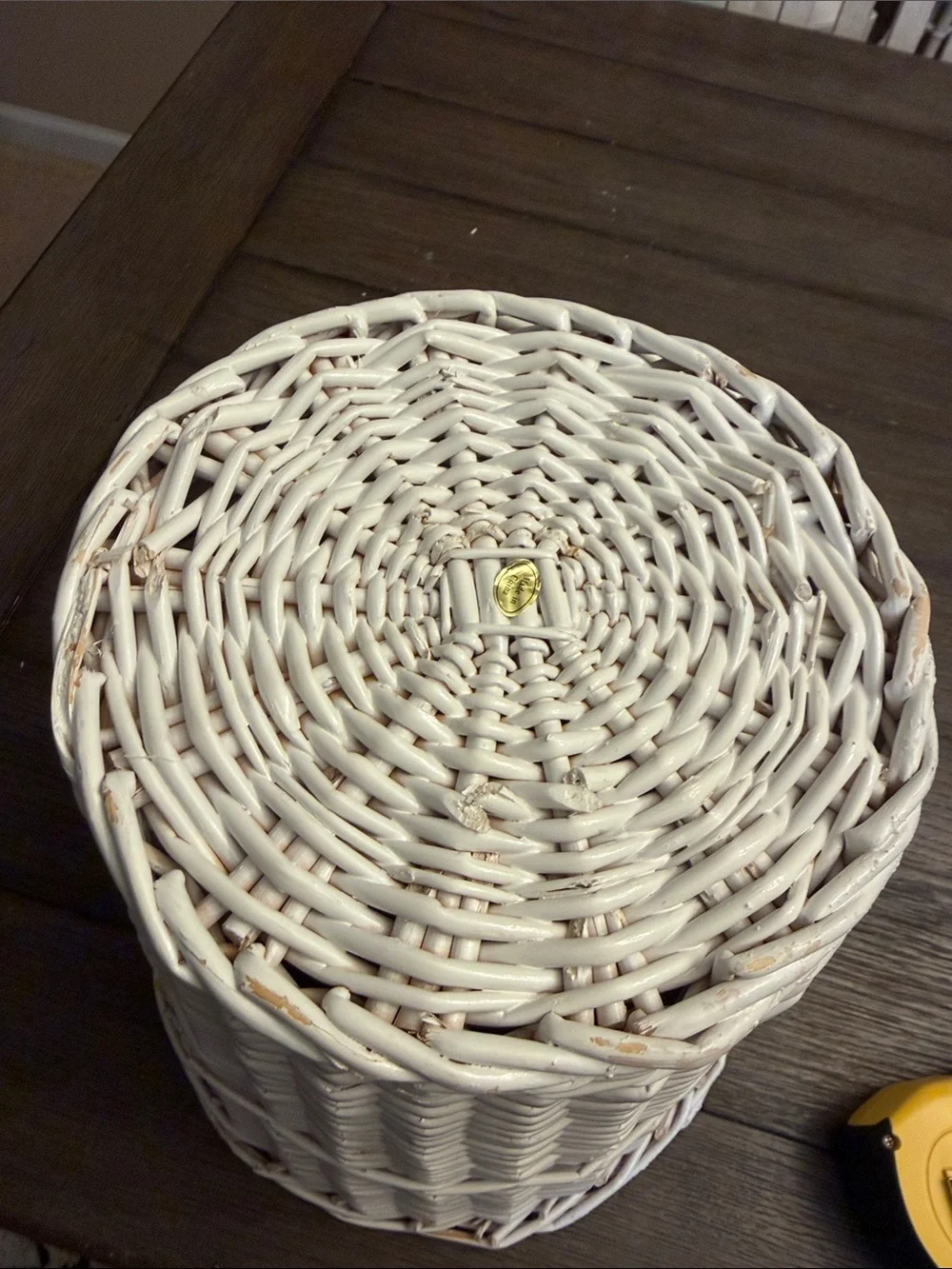 Vintage BOHO Cottage White Wicker Woven Beach Trash Basket / Wastebasket